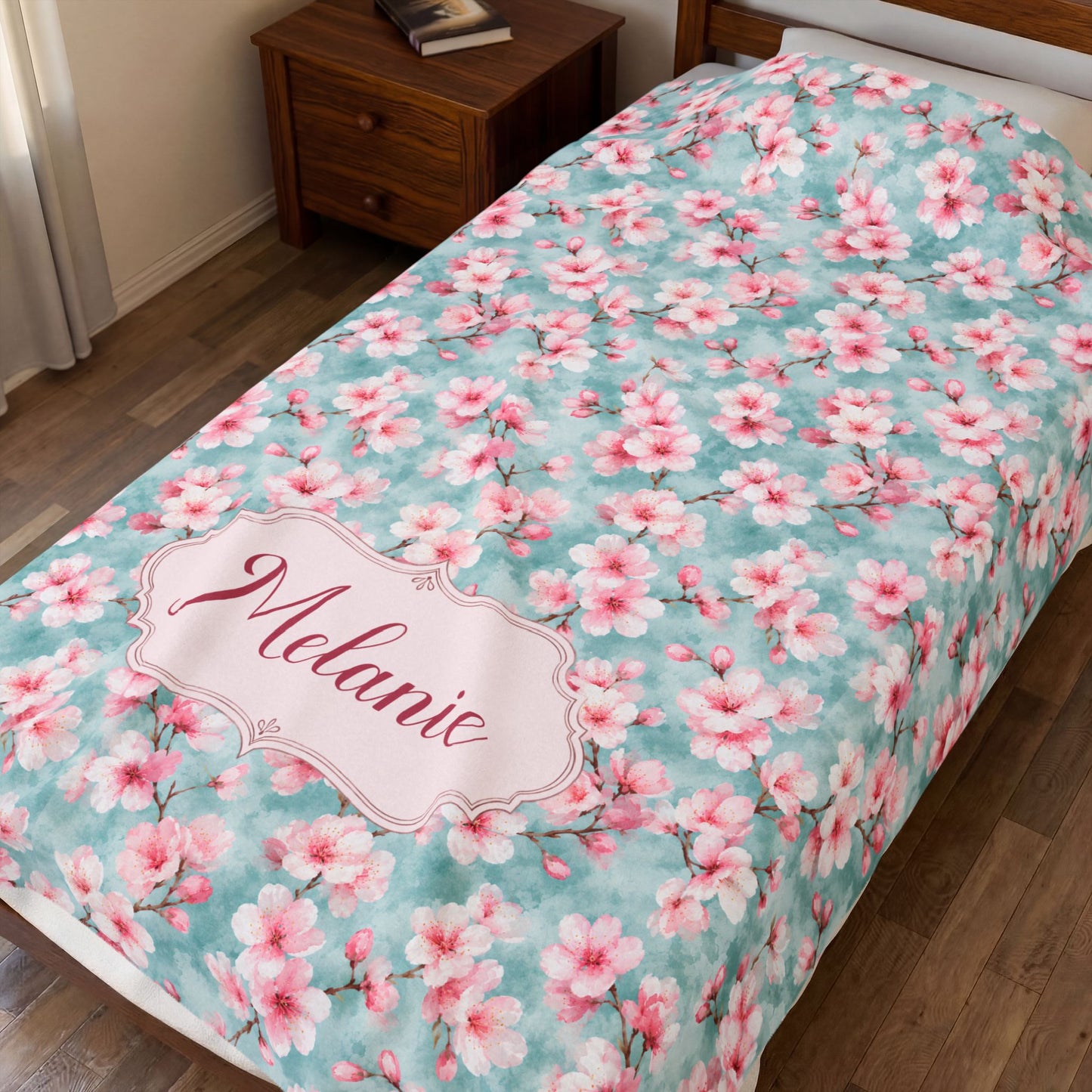 Maromi Designs Personalized Cherry Blossom Baby Blanket with Custom Name | Plush Minky Floral Throw | Baby Shower Gift