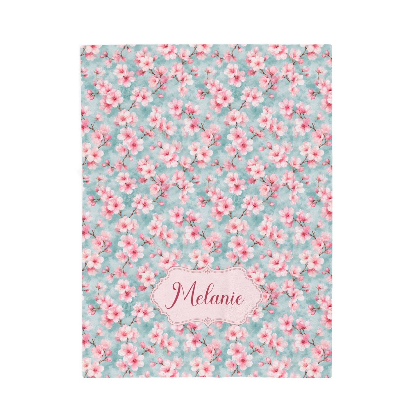 Maromi Designs Personalized Cherry Blossom Baby Blanket with Custom Name | Plush Minky Floral Throw | Baby Shower Gift