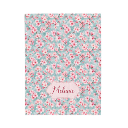 Maromi Designs Personalized Cherry Blossom Baby Blanket with Custom Name | Plush Minky Floral Throw | Baby Shower Gift