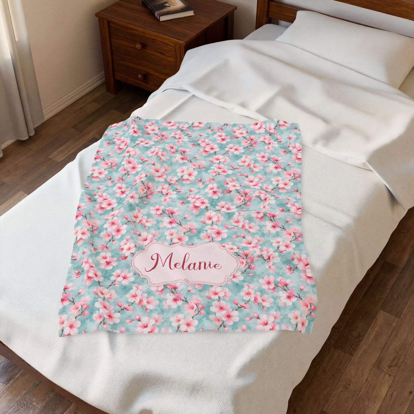 Maromi Designs Personalized Cherry Blossom Baby Blanket with Custom Name | Plush Minky Floral Throw | Baby Shower Gift