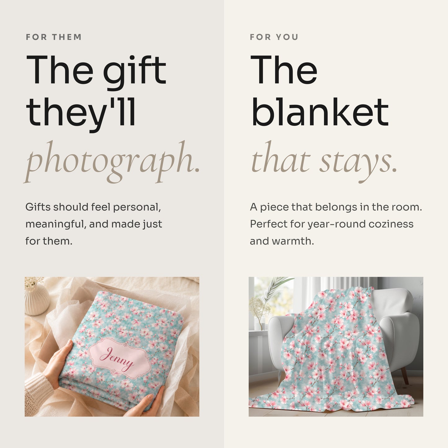 Maromi Designs Personalized Cherry Blossom Baby Blanket with Custom Name | Plush Minky Floral Throw | Baby Shower Gift