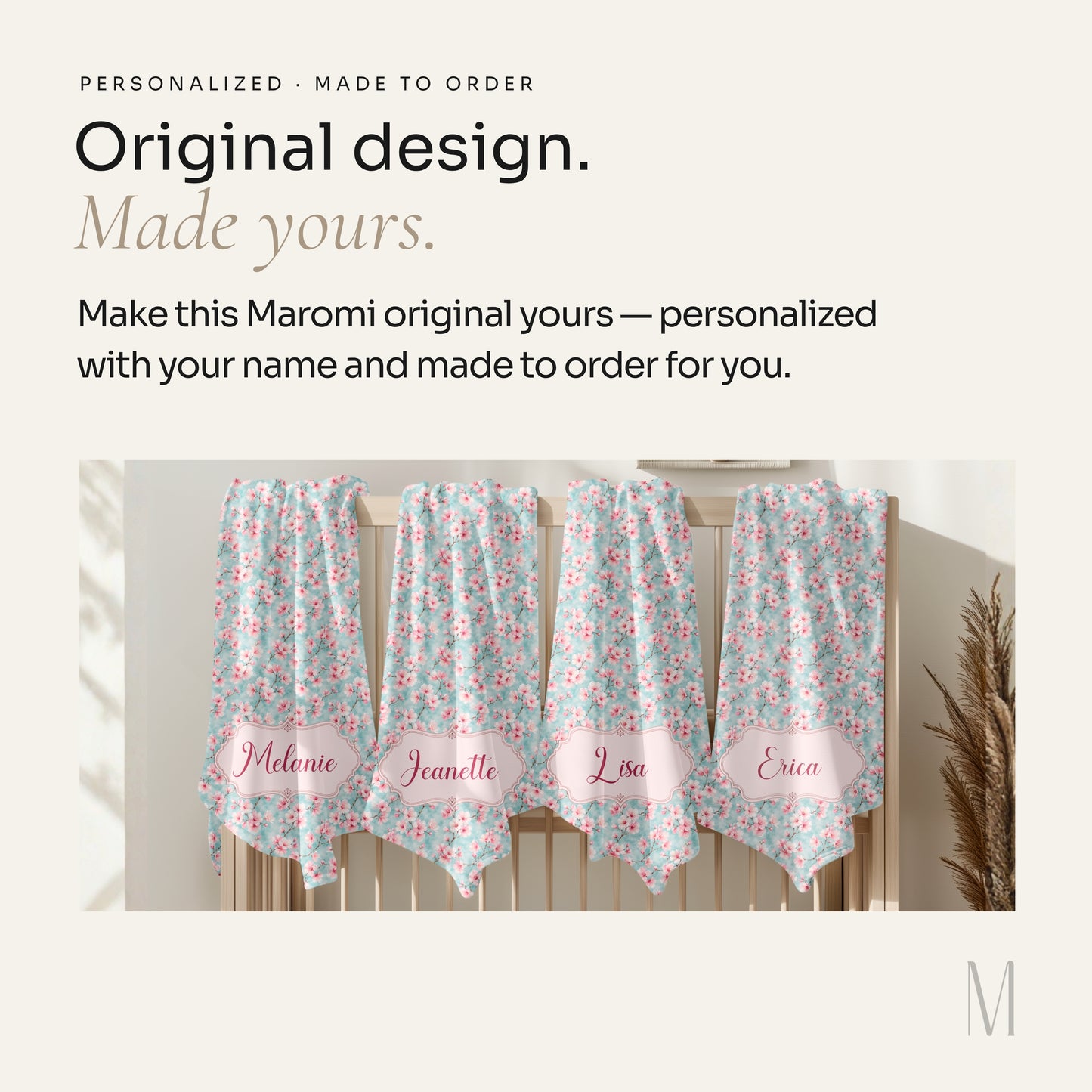Maromi Designs Personalized Cherry Blossom Baby Blanket with Custom Name | Plush Minky Floral Throw | Baby Shower Gift