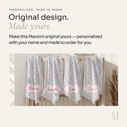 Maromi Designs Personalized Cherry Blossom Baby Blanket with Custom Name | Plush Minky Floral Throw | Baby Shower Gift