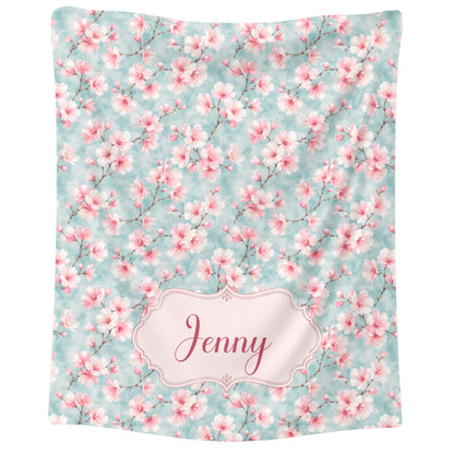 Maromi Designs Personalized Cherry Blossom Baby Blanket with Custom Name | Plush Minky Floral Throw | Baby Shower Gift