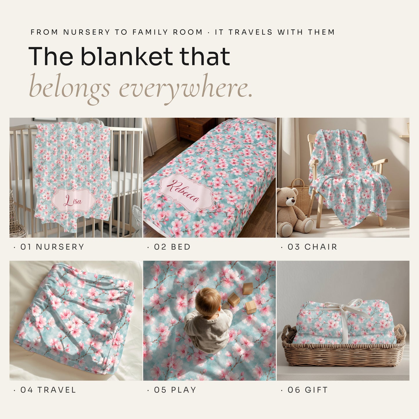 Maromi Designs Personalized Cherry Blossom Baby Blanket with Custom Name | Plush Minky Floral Throw | Baby Shower Gift