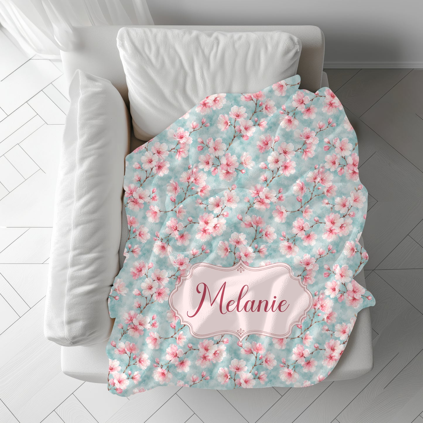Maromi Designs Personalized Cherry Blossom Baby Blanket with Custom Name | Plush Minky Floral Throw | Baby Shower Gift