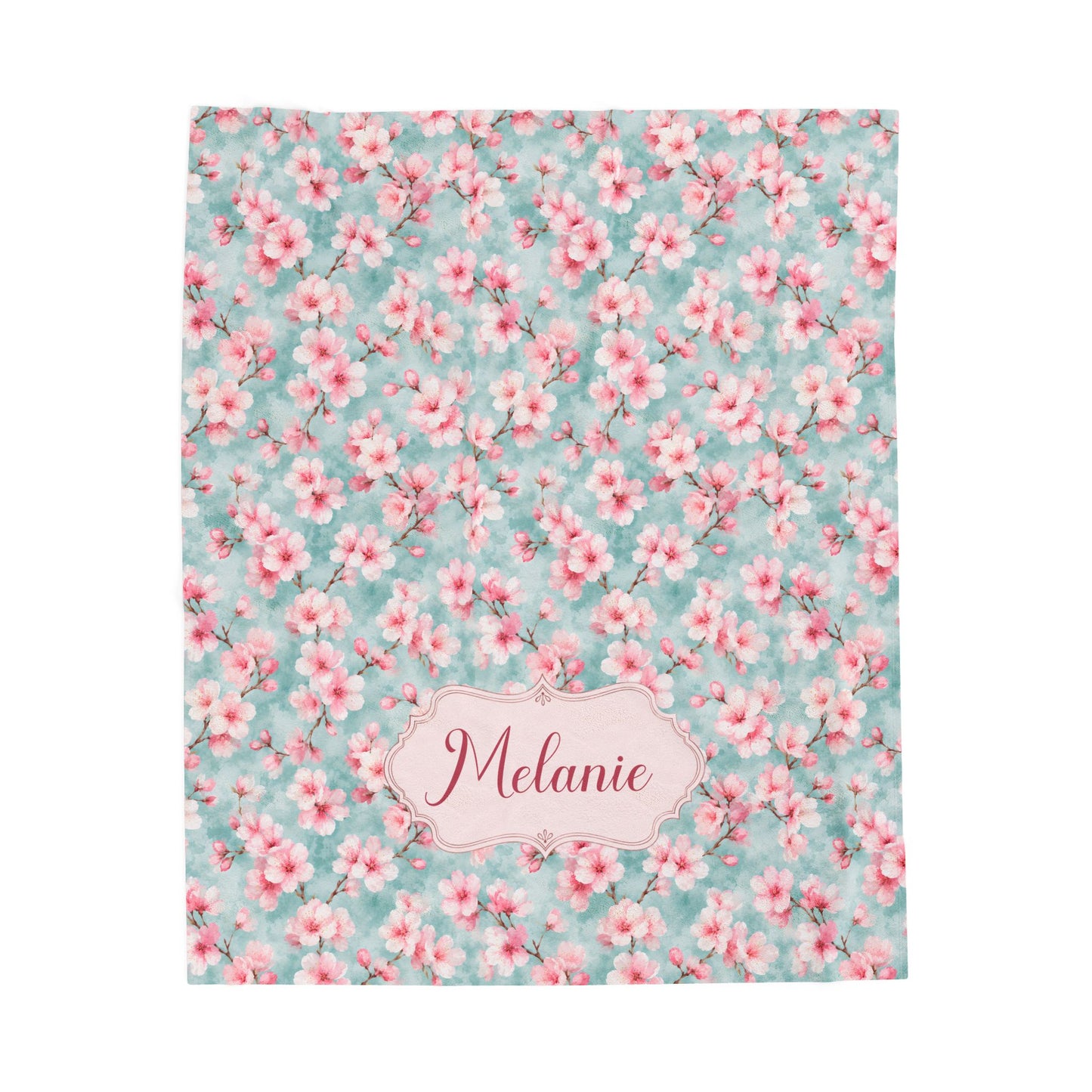 Maromi Designs Personalized Cherry Blossom Baby Blanket with Custom Name | Plush Minky Floral Throw | Baby Shower Gift