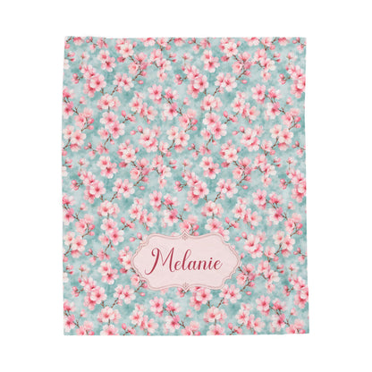 Maromi Designs Personalized Cherry Blossom Baby Blanket with Custom Name | Plush Minky Floral Throw | Baby Shower Gift