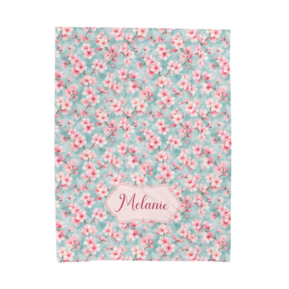 Maromi Designs Personalized Cherry Blossom Baby Blanket with Custom Name | Plush Minky Floral Throw | Baby Shower Gift