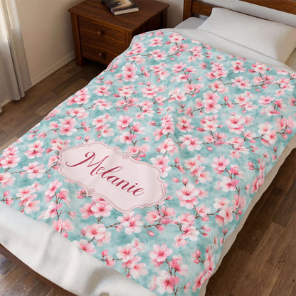 Maromi Designs Personalized Cherry Blossom Baby Blanket with Custom Name | Plush Minky Floral Throw | Baby Shower Gift